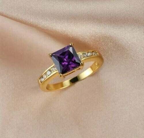1Ct Princess Cut Purple Amethyst Lab Created Wedding Ring 14K Yellow Gold Plated - Picture 1 of 6