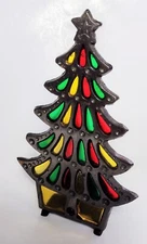 Stained GLASS Christmas Tree Votive Holder. EUC. 7.25" T.  Cast Iron Taiwan VTG