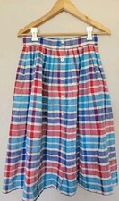 Vintage Red Blue Button Front Stripe A Line Pleated Midi Skirt S/M 80s 90s READ