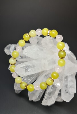 Natürliche Zitronenjade (Serpentin) mit Rosenquarz Perlen Armband