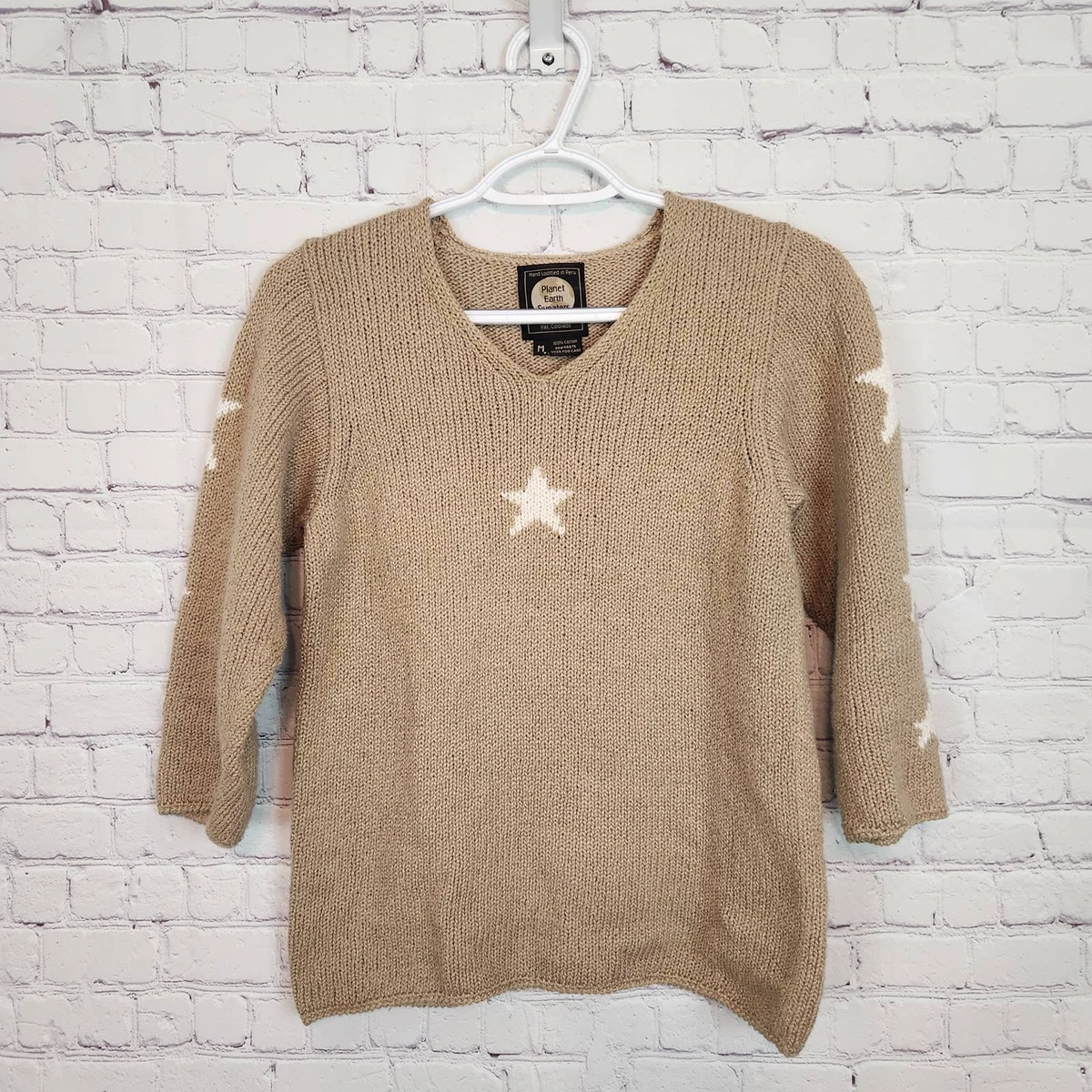 Planet Earth Sweaters Women s Tan 3 4 sleeve Star 100 Cotton Sweater M