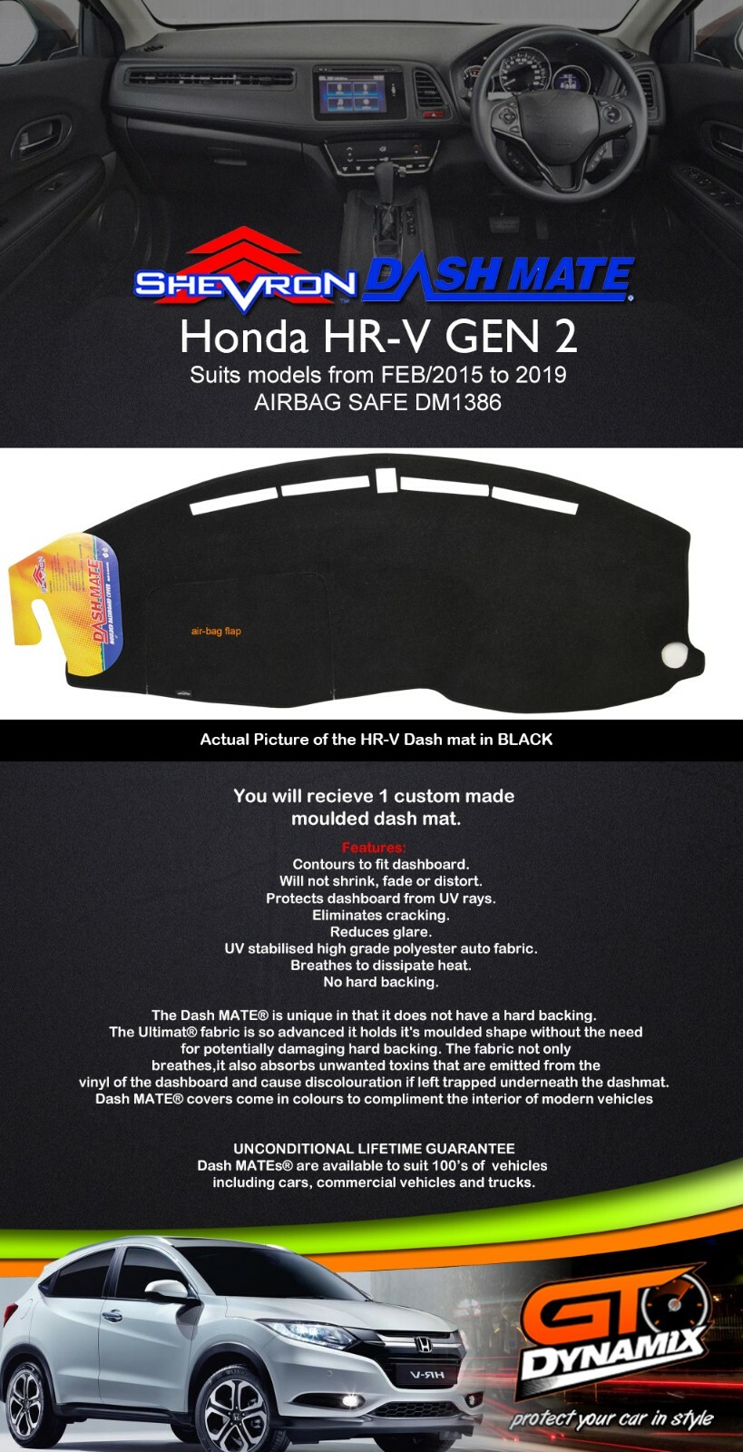 DASH MAT Honda HRV GEN 2 AIRBAG SAFE HRV DEC/2014 to 2020 in BLACK