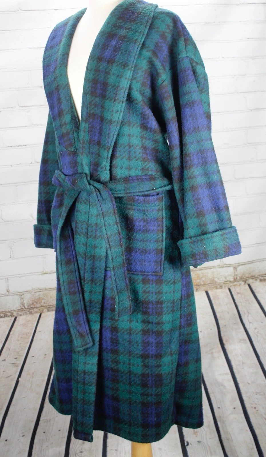 Robe/veste fumeur homme Christian Dior vert plaid bleu toison douce et épaisse