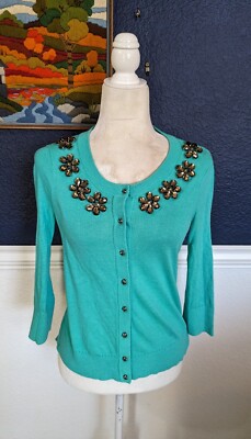 Kate Spade Leni Green Blue Crystall Embellished Cardigan Sweater Floral Sz Small