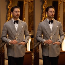 Black Houndstooth Men's Suits Double Breasted Wedding Tuxedo Prom Casual 2Pieces