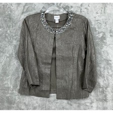 Chicos Jacket Women 0 US Small Brown Metallic Linen Beaded Embellished Open New
