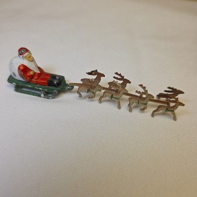 VTG Miniature Metal Santa Sleigh 7 Reindeer Japan Mid-Century Christmas Village 
