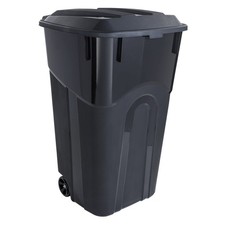 32 Gallon Wheeled Heavy Duty Garbage Can, Attached Lid, Black