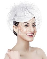 Pillbox Hat with Veil Vintage Fascinators for Women Small A-white With Feathers