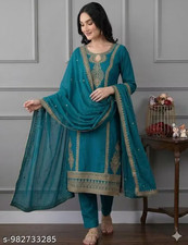 Women Teal Blue Embroidered Kurta Pant Dupatta Set Indian Ethnic Wear M to 3XL