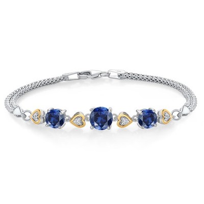 925 Sterling Silver and 10k Yellow Gold Created Sapphire and White Lab Grown