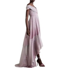 Talbot Runhof Off Shoulder Asymmetrical Metallic Voile Gown Size 36 US 6 NWT