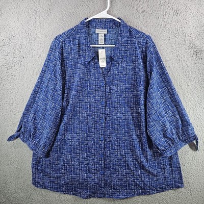 NEW Catherines 2X 22/24W Blue White Crosshatch Print 3/4 Sleeve Tie Cuff Blouse
