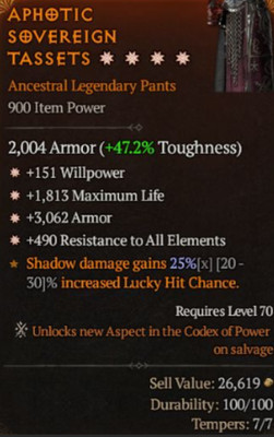 Diablo 4 S13 Pants 4GA Willpower Max life Armor Resistance All Elements