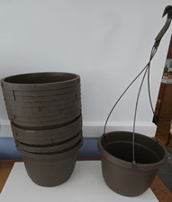 Lot of 14 New Hanging Brown Plastic Pots w/Ha...