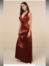 Lulus NWT Women's Purely Elegant Rust Brown Satin Twist-Back Maxi Dress Size M