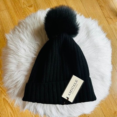 AMICALE Cashmere Genuine Shearling Pompom Beanie Hat, Color  display picture 2