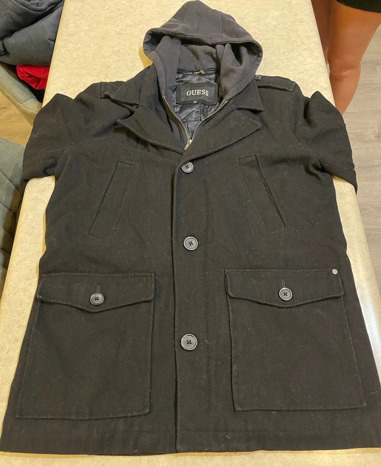 Guess Wool Peacoat With Hood Full Zip And Button Men’s Size Medium - Image 4 of 4