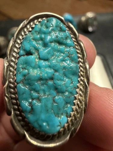 Vintage Navajo Turquoise Nugget Sea Foam Ring Native American Silver Size 7ish