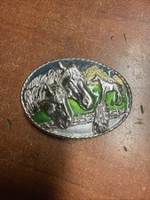 Vintage 1981 Bergamot Brass Works Horse Enamel Belt Buckle Made in USA 9039