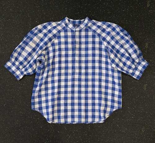 Polo Ralph Lauren Linen Shirt Womens 16 Blue White Gingham Short Sleeve Popover
