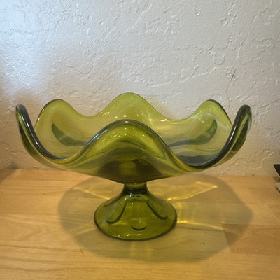 Vintage Viking Glass Green Epic Line Six Petal Compote Pedestal Bowl Mid Century