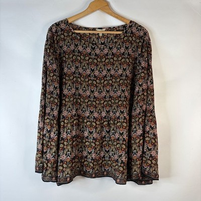 Max Studio Blouse Womens 3X Black Floral Micro Pleated Bell Sleeve