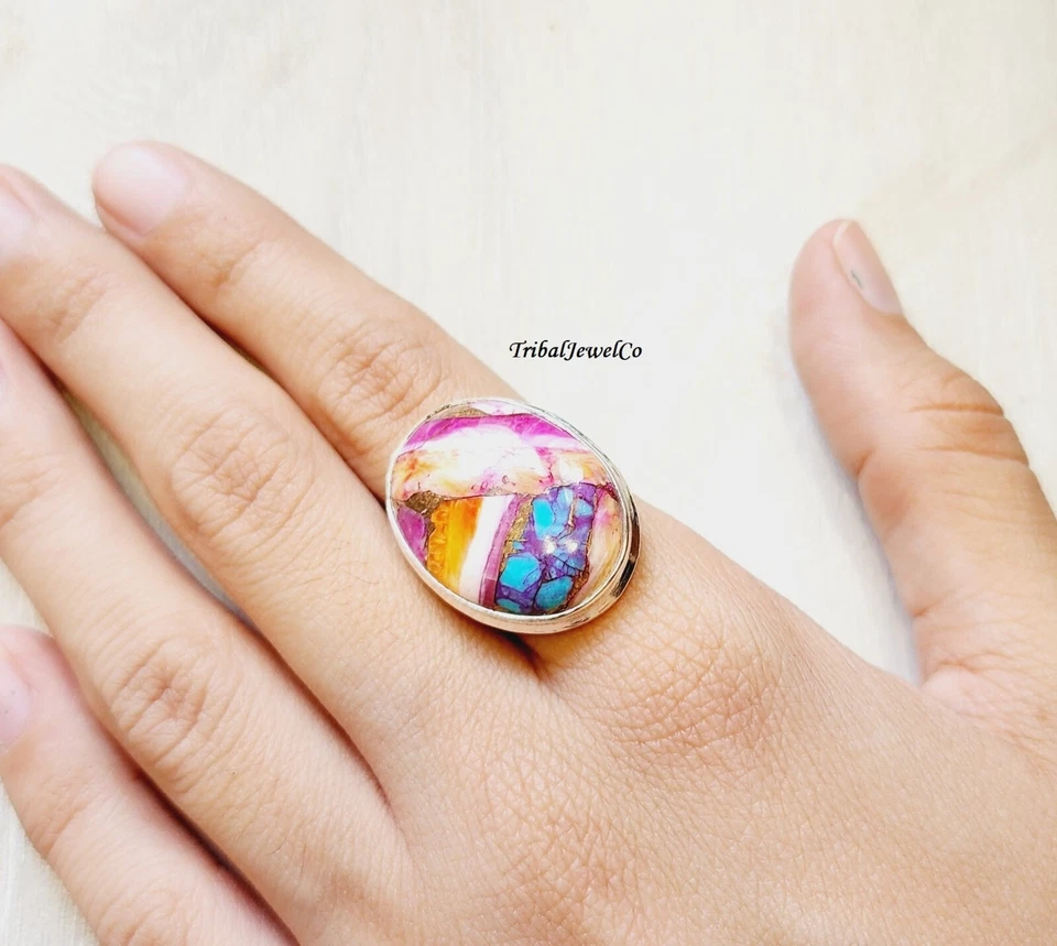 Кольцо с розовой устрицей, кольцо с бирюзой из устричной меди, серебро 925 пробы, драгоценный камень - Изображение 4 из 4