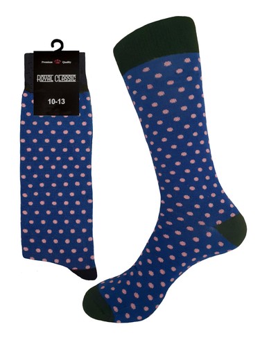 1-6-12 PAIR DRESS SOCKS BLUE WITH PINK POLKA DOT COTTON WEDDING SOCKS 10-13 - Picture 2 of 11
