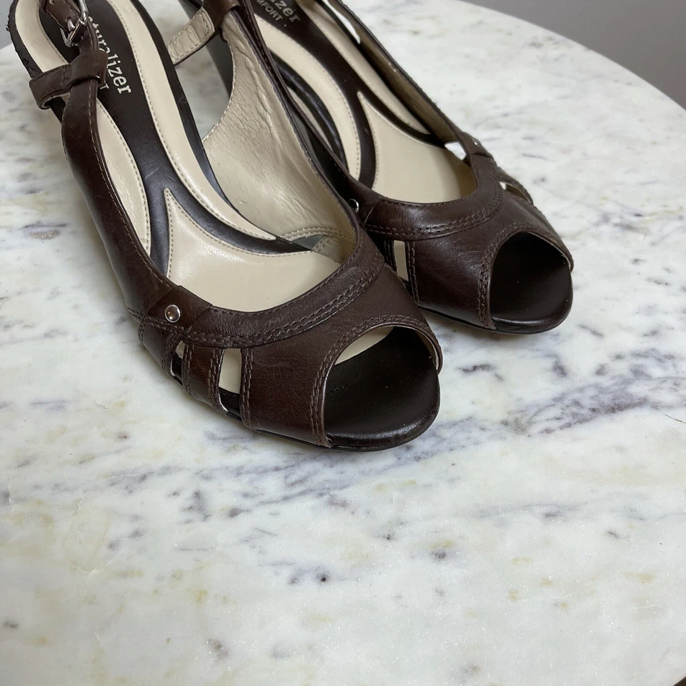 Naturalizer SZ 8 Brown Leather Peep Toe Buckle Slingback Pumps Shoes Heels -C1 - Image 3 of 4