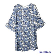 H&M Womens Dress Paisley Pattern Blue Keyhole Button Closure Bell Sleeves Size 6