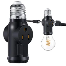 3 Prong Light Bulb Outlet Socket to Plug Adapter, Black Light Socket Converter, 