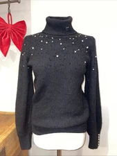 Holland Cooper Kelsie Rib Embellished Roll Neck Black RRP £159 M Medium 10-12