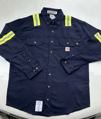 Lot Of 2 Carhartt FR Hi-Visibility Cotton Work Shirts Medium LJ CAT 2 NFPA 2112