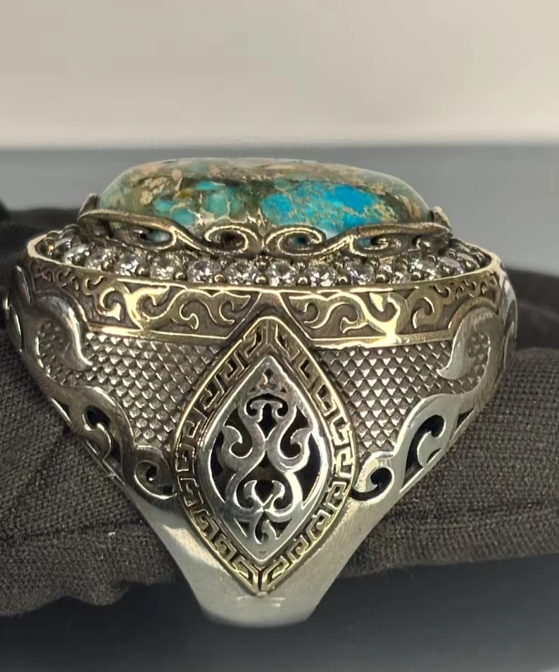 Sterling Silver Turquoise Ottoman Ring: Engraved Signet, Bronze Accent - Image 2 of 4