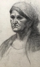 Portrait of a Woman with a Headscarf, Early 20th Century Chalk Drawing