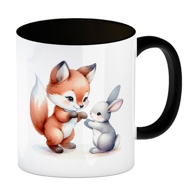 Fuchs und Hase Tierkinder Kaffeebecher in schwarz