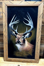 Vintage 70’s Painted Buck Deer Velvet Painting Wood Frame 