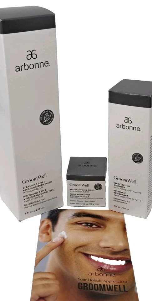 Arbonne Groom Well мужской НАБОР 3 в 1 средство для мытья волос тела лица очищающий крем для глаз - Изображение 2 из 4