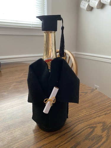 Graduation cap and gown wine champagne bottle cover black EUC College ...