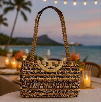 NEW Tory Burch Soft Fleming Classic Cuoio Tan Raffia Convertible