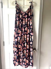 Old Navy Womens Sz L Tasseled Tie Shoulder Swing Maxi Dress Navy Blue Floral