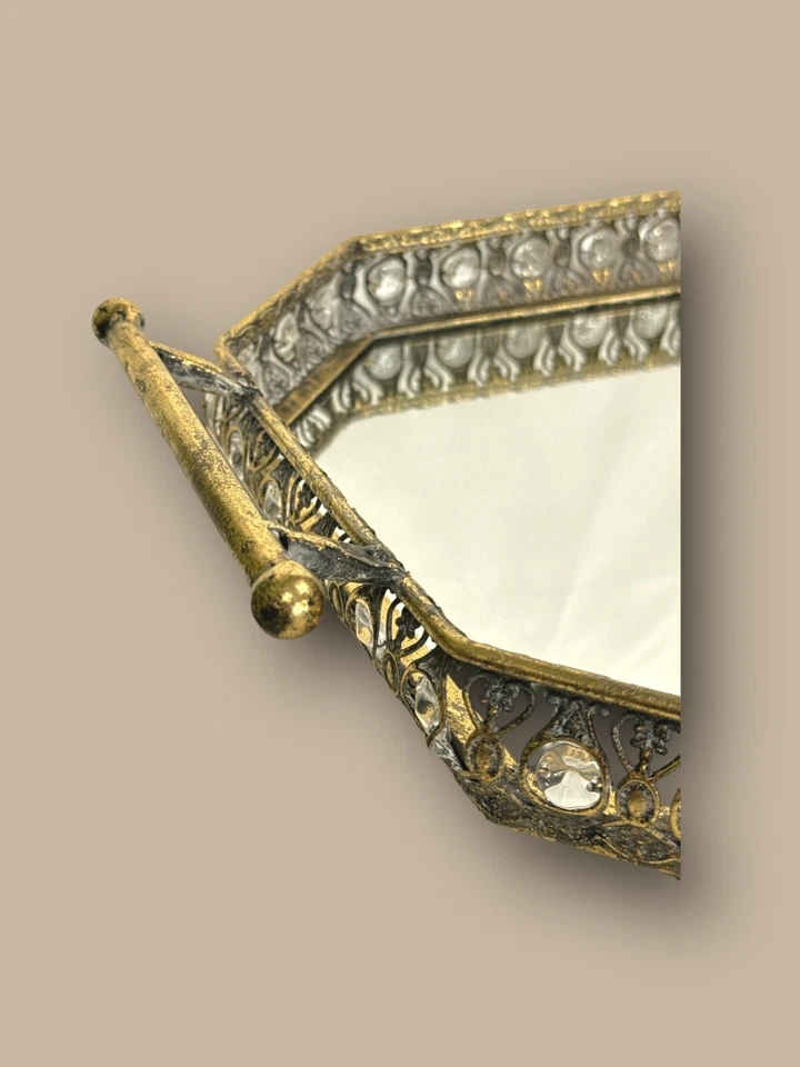 Dekoratives Tablett Metall Gold mit Spiegel und Glassteinchen 58cm x 34cm NEU - Bild 4 von 4