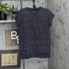 DG2 by Diane Gilman embellished Sequin Cuffed Sleeve Shirt Top Charcoal Black S