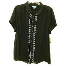 Modcloth Embroidered Ruffle Front Button Down Career Blouse  XS No Tag