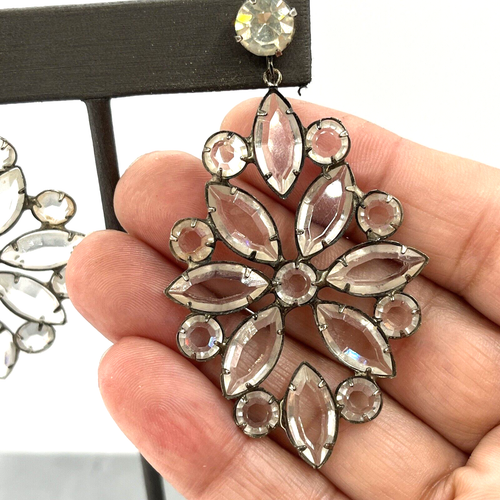 Vintage Bezel Set Beveled Crystal Silver Tone Clip-on Dangle Earrings 2.75" - Picture 11 of 12