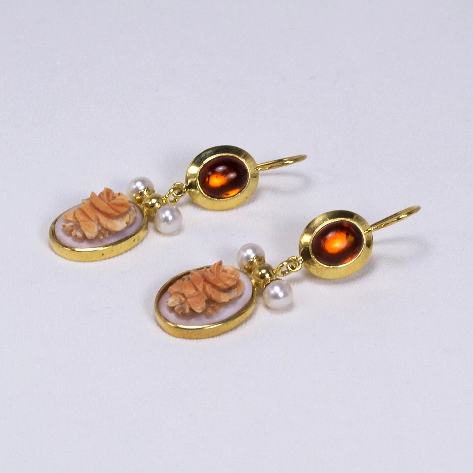 ORECCHINI IN ARGENTO DORATO CON PERLE, CAMMEO ROSE E AMBRA - AGHT 0693 - Immagine 2 di 2