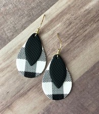 Women Dangle Vegan Faux Leather Lightweight Black Buffalo Plaid Earrings Flannel