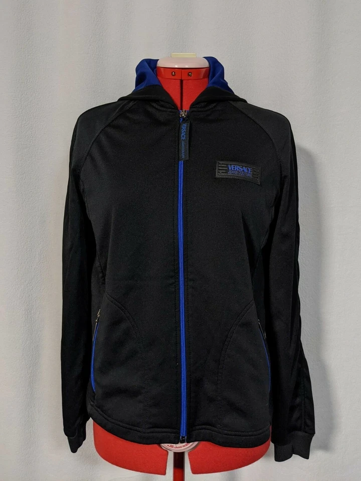 范思哲 Jeans Couture 复古 Tech Track 夹克黑色蓝色标志 Lampo Zip 意大利 — 第 2/4 张图片