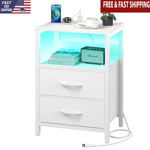 Bedside Table W/ USB Ports Fabric Drawers LED Lights White Storage Shelf